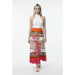 La Diosa Tropical Floral Maxi Skirt Orange White Striped Sm Vacation Boho Resort